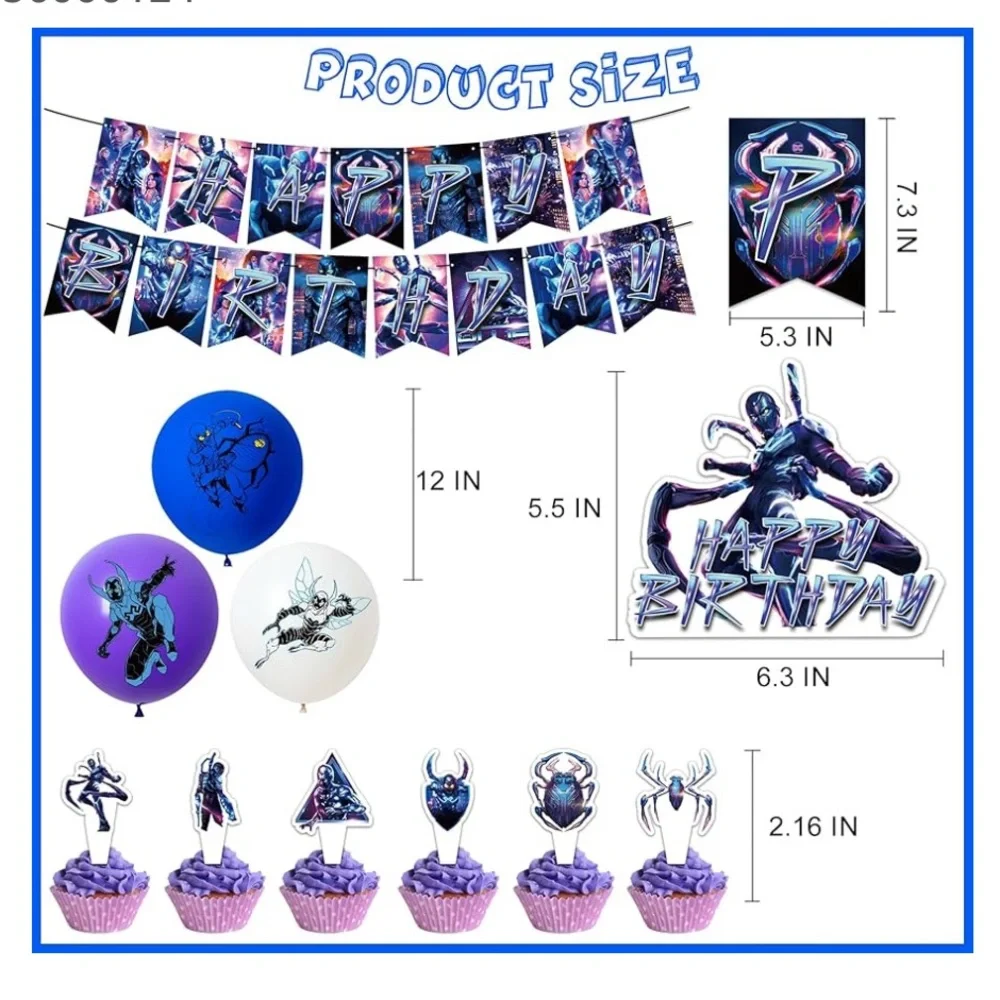 Blue beetle Happy Birthday kit,banner, balloons, cupcake picks. Blue beetle